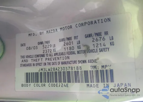 2003 Mazda Mpv Es/Lx/Lx-Sv from USA, damaged, VIN JM3LW28A230378188